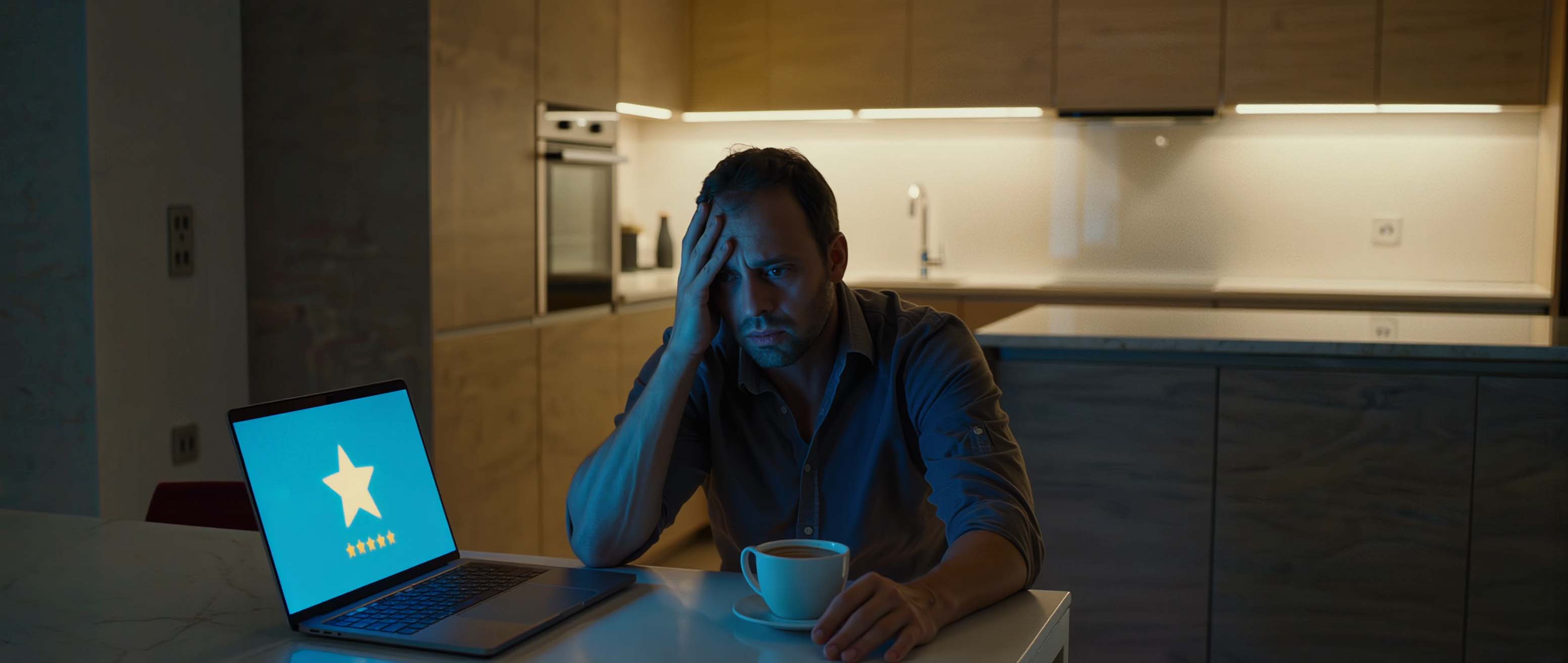 Dismayed property manager staring at a 1-star review on his laptop screen
