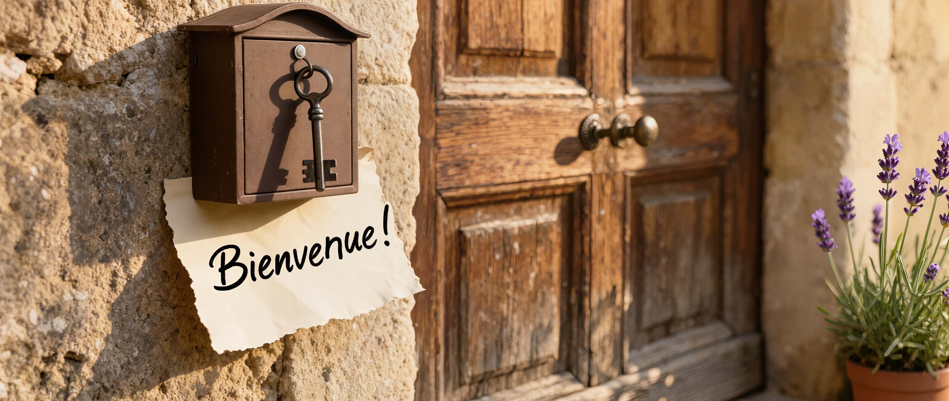 Key box on a stone wall next to an old wooden door with a handwritten Welcome note