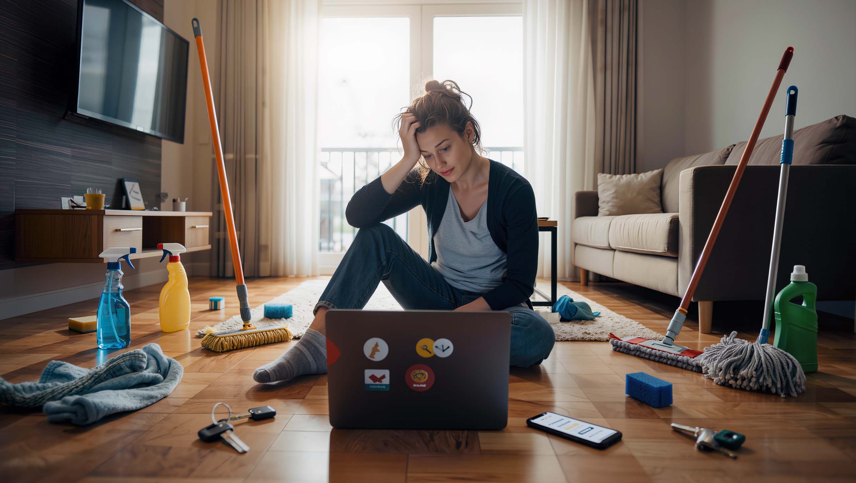 Overwhelmed property manager sitting on the floor surrounded by cleaning supplies and a laptop