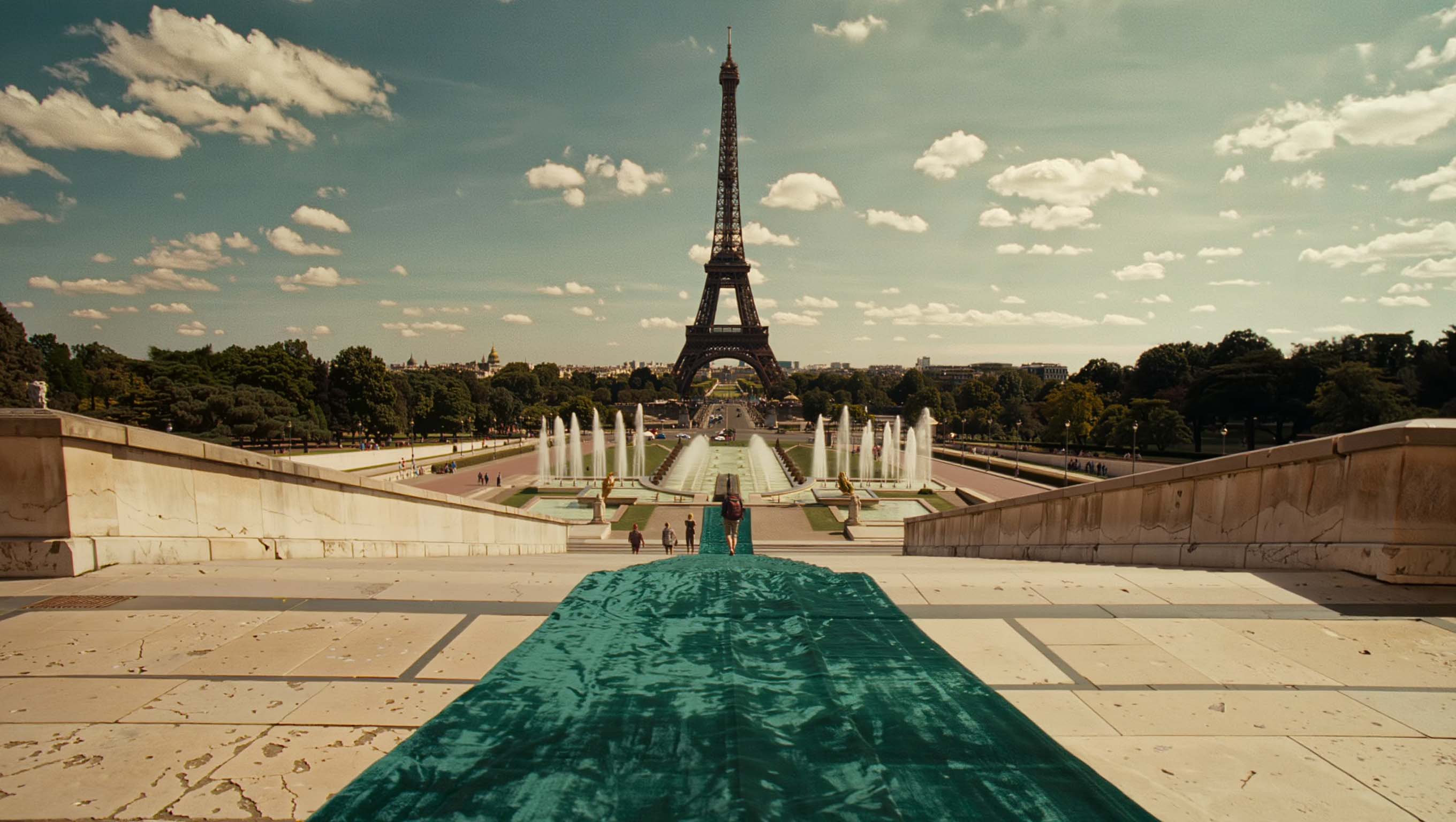 The emerald carpet at the Trocadéro facing the Eiffel Tower