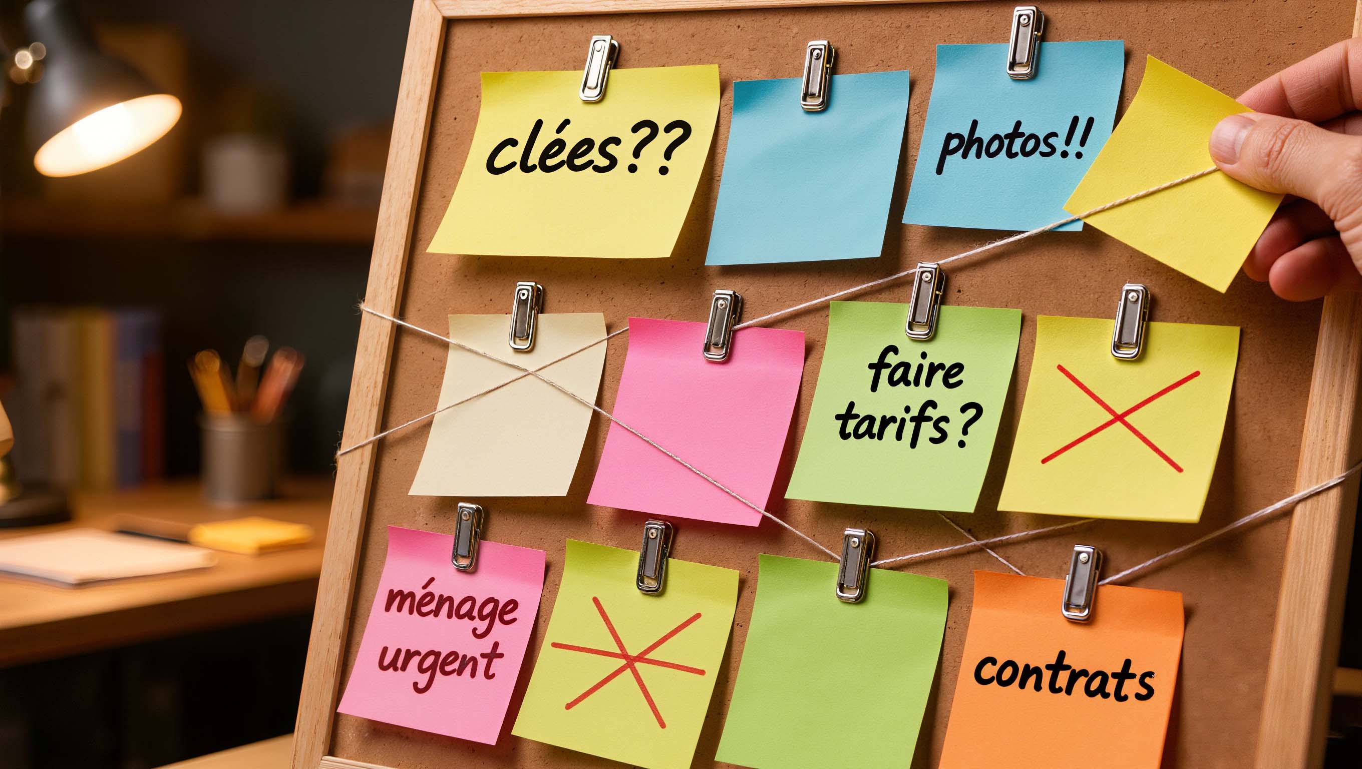 Colourful sticky notes on a cork board showing a beginner property manager's chaotic to-do list
