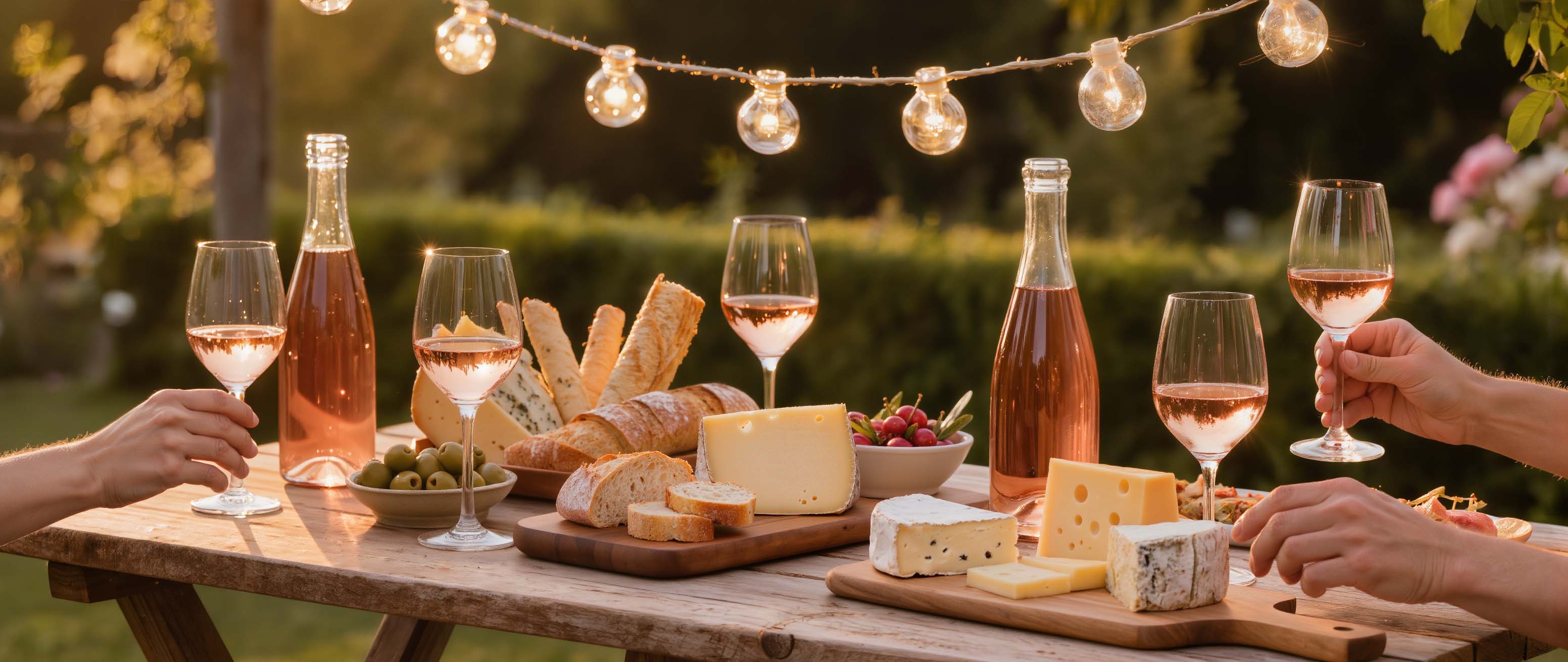Convivial outdoor apéro in a French garden with rosé wine, cheese and string lights