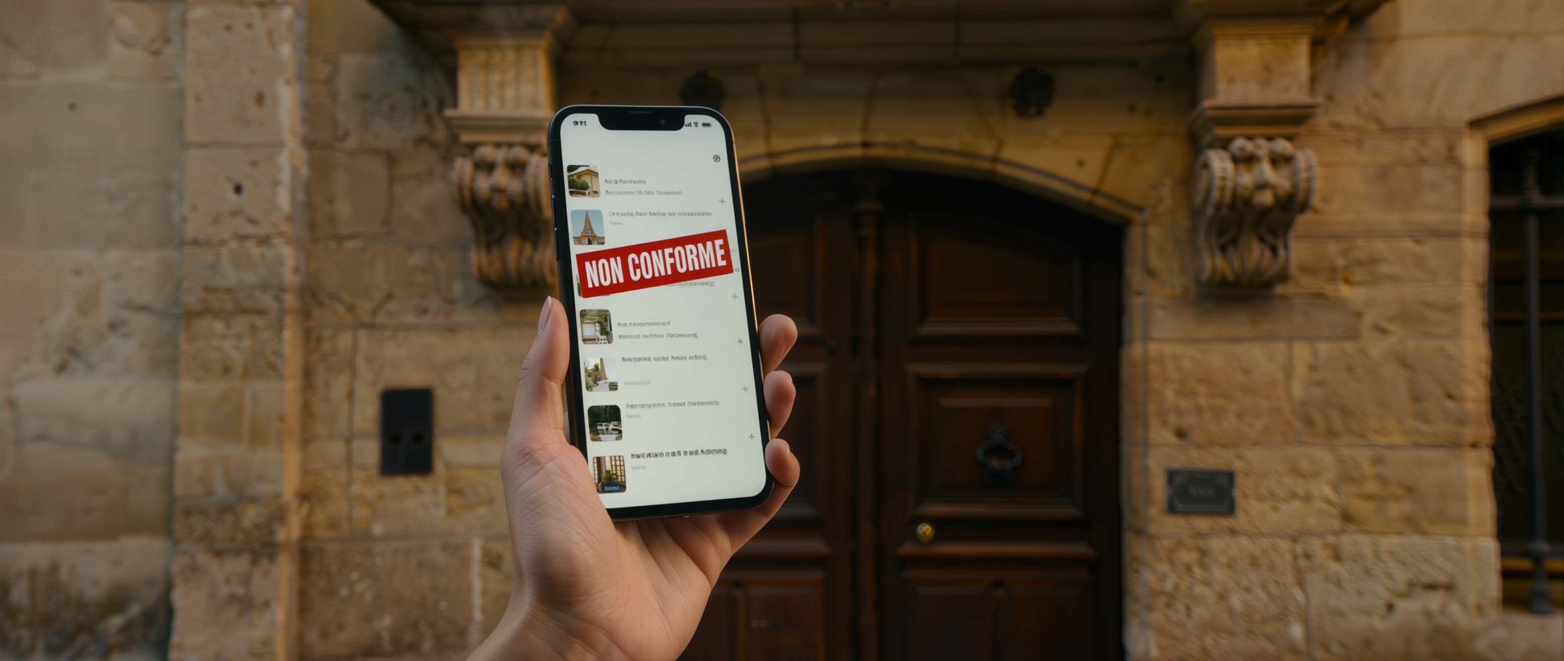 Smartphone affichant une annonce de location non conforme devant un immeuble parisien