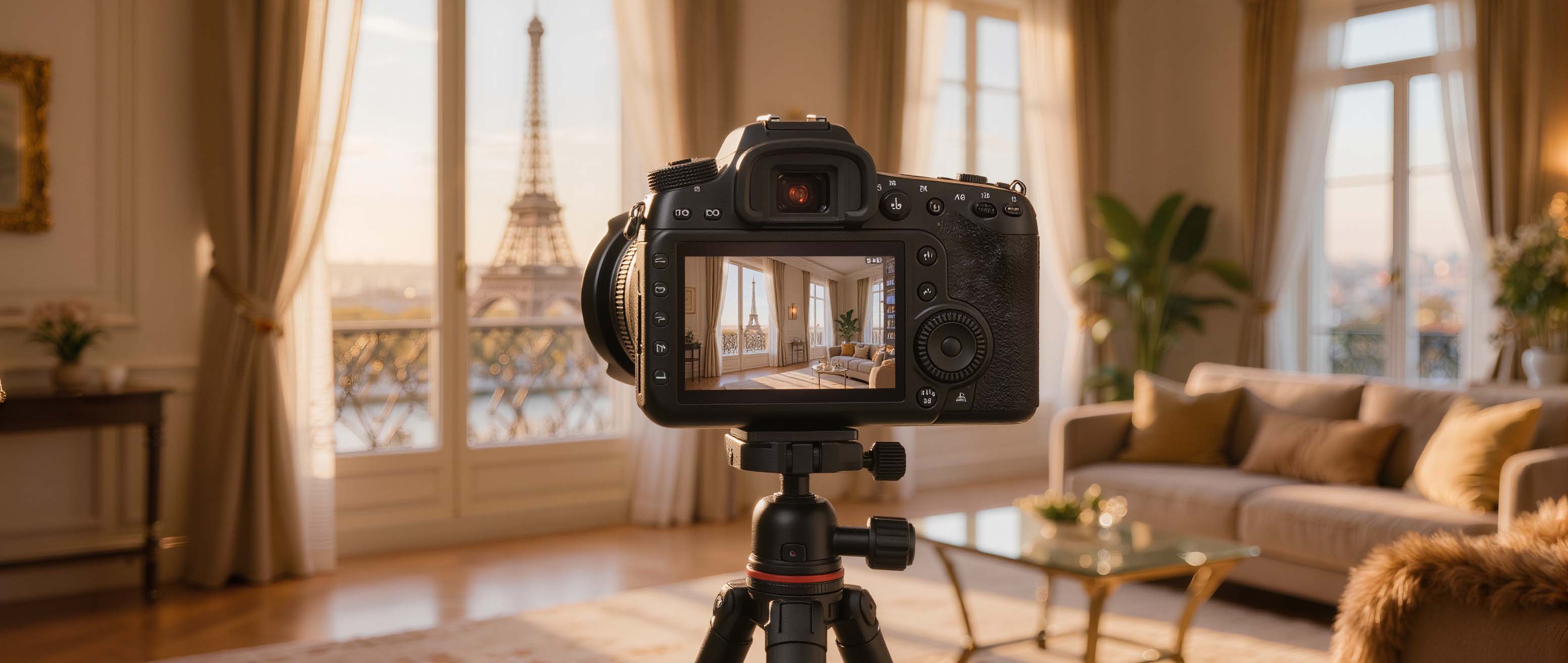 Appareil photo professionnel sur trépied dans un appartement parisien avec vue Tour Eiffel